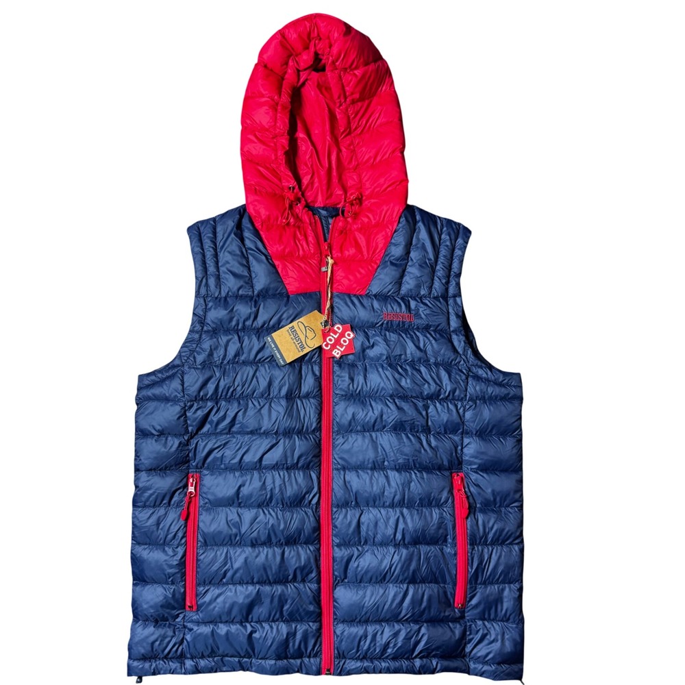 Resistol Cold Bloq Men L Navy Red Hooded Puffer‎ Vest Quilted Western Ranchwear